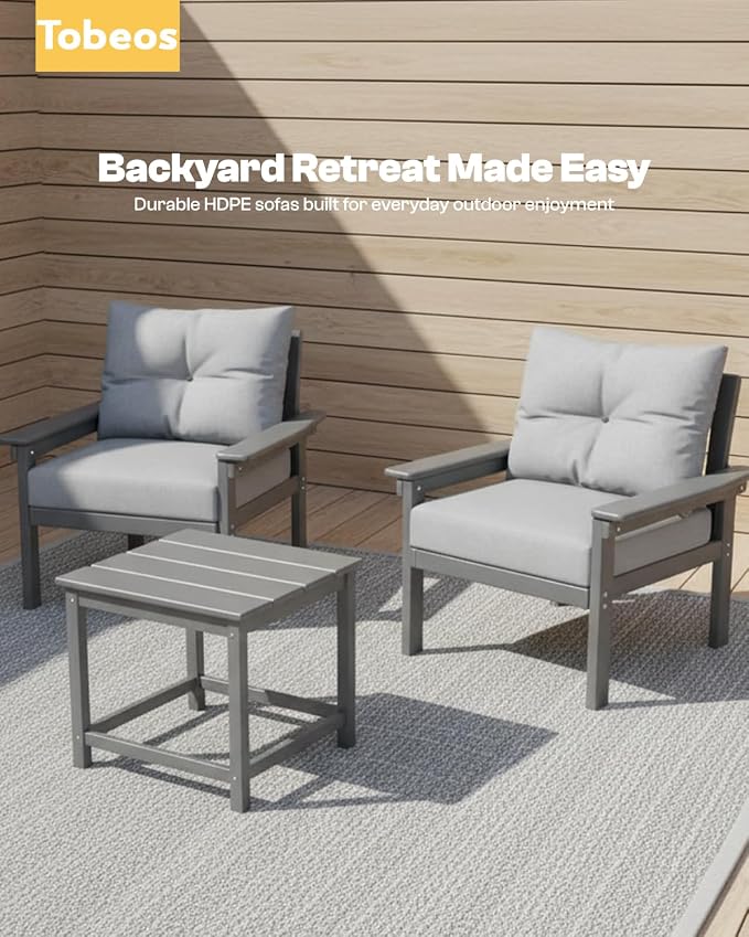 HDPE 3 Piece Patio Furniture Set, All-Weather Outdoor Couch Bistro Set with Thick Cushions & Side Table, Patio Conversation Sets for Lawn, Porch, Garden, Balcony, Deck, Poolside, Grey & Grey