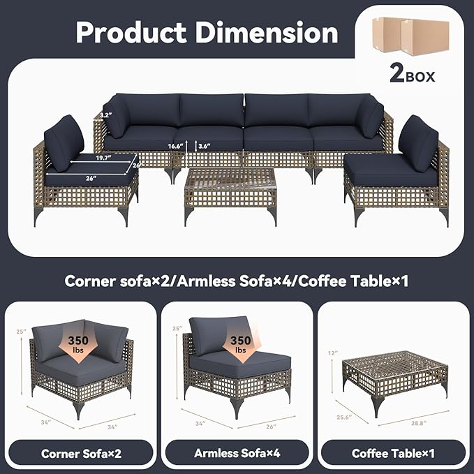 AECOJOY 7-Piece Patio Outdoor Furniture Set with Tea Table, Boho Outdoor Sectional Furniture Sofa PE Rattan Wicker Conversation Set, Dark Brown Rattan&Dark Grey Cushions