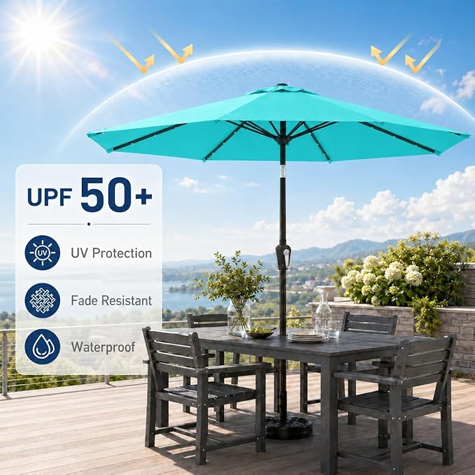 10FT Solar Patio Umbrella with Lights, Outdoor Table Market Umbrella with 32 LED Lights, 8 Sturdy Ribs, Push Button Tilt and Crank for Pool, Deck and Garden, UV-Resistant