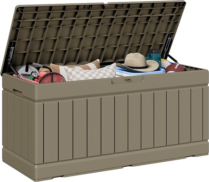 JUMMICO 78 Gallon Outdoor Deck Box Large Resin Storage Box for Patio Furniture Cushions and Garden Tools (Light Brown)