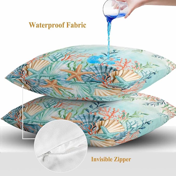 Throw Pillow Covers 24x24 Inch Set of 2, Ocean Starfish Seaweed Waterproof Outdoor Pillow Covers, Summer Coastal Beach Shell Coral Teal Decorative Cushion Pillowcases for Couch, Sofa, Bed, Patio