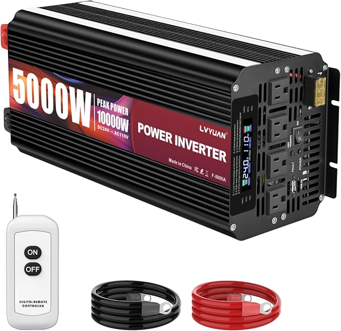 LVYUAN 5000 Watt Power Inverter 24V to 110V 120V for Vehicle, Solar Inverter System, Heavy Duty, RV, Truck, Off Grid,Camping with 4 AC Outlets, LCD Display, Wireless Remote Control, Car Power Inverter