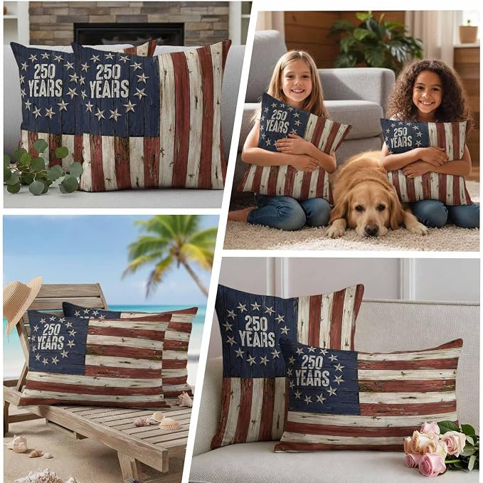 250 Year Anniversary USA 4th of July Vintage Wood Decorative Garden Pillowcase with Zipper Cushion Case for Patio Couch Tent