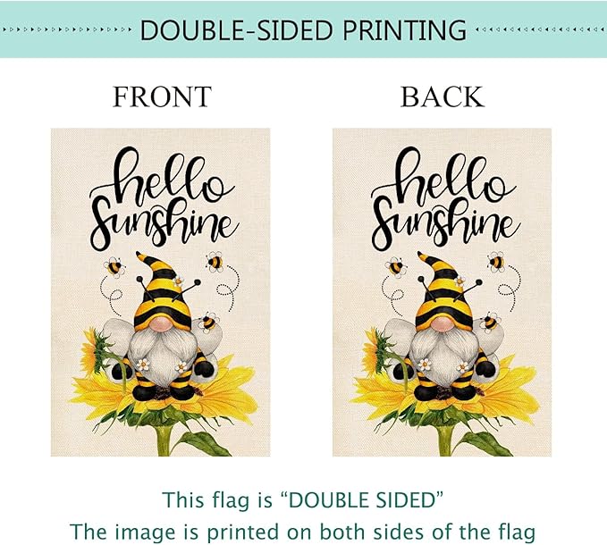 Baccessor Hello Sunshine Spring House Flag Sunflower Gnome Bee Funny Flag 28 x 40 Inch Double Sided Burlap Yard Large Spring Summer Flag for Outside Decor