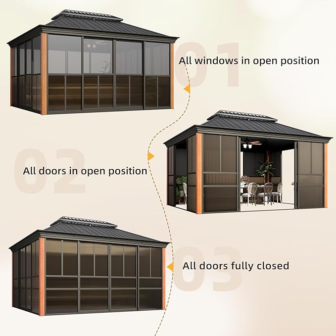 EROMMY 12' X 14' Hardtop Sunroom, Galvanized Steel Double Roof Gazebo Solarium with Wood Grain Aluminum Frame & Detachable Windows, All-Weather Sun Room for Patio Deck Backyard