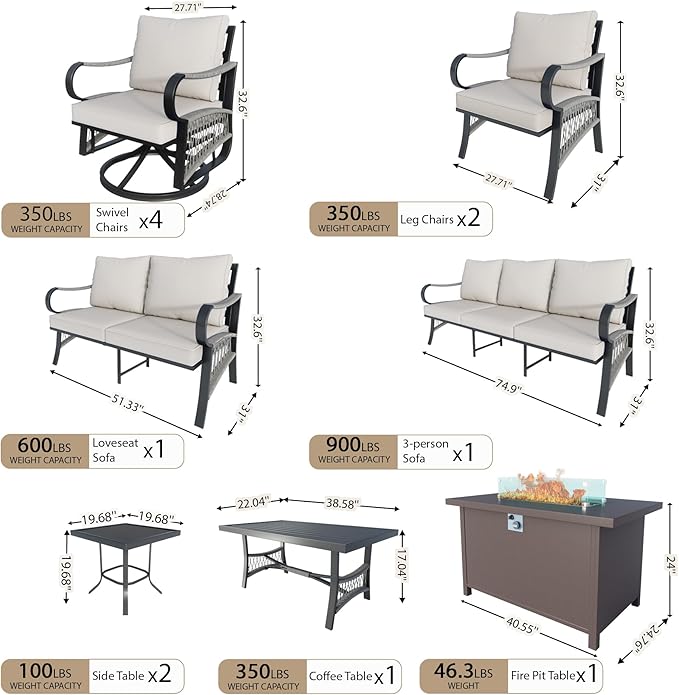 12 Pieces Outdoor Patio Conversation Sets, Outdoor Furniture Set Metal 3-Seater 4 Swivel Rockers with 2 Side Tables 2 Single Chairs 1 Loveseat with Coffee Table and Fire Pit Table for Backyard, Beige