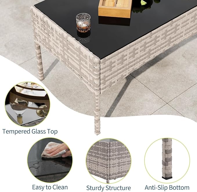 4-Piece Outdoor Furniture Set, PE Rattan Wicker Chairs with Soft Cushions & Tempered Glass Coffee Table - All-Weather Patio Set for Garden, Backyard, Porch, Poolside (Grey/Beige)