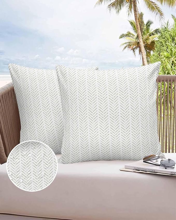 Outdoor Waterproof Throw Pillow Covers 24x24in, Sage Green Lines Cushions for Garden Patio Furniture Chairs Set of 2, Simple Textures Home Decor Couch Sofa Polyester Pillow Cases