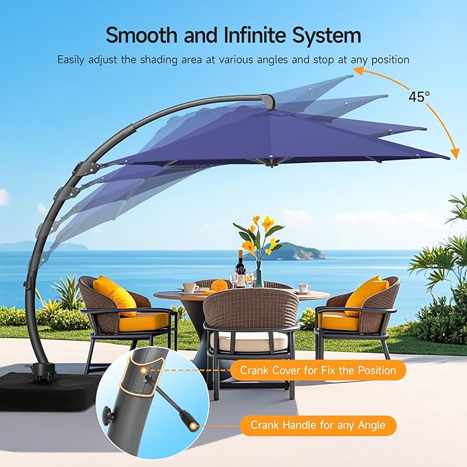 11 FT Outdoor Patio Umbrella with Base, Aluminium Curved Cantilever Umbrella, Large Round Hanging Offset Umbrella with Unlimited Position Adjustment and 360°Rotation for Market Garden Pool, Blue