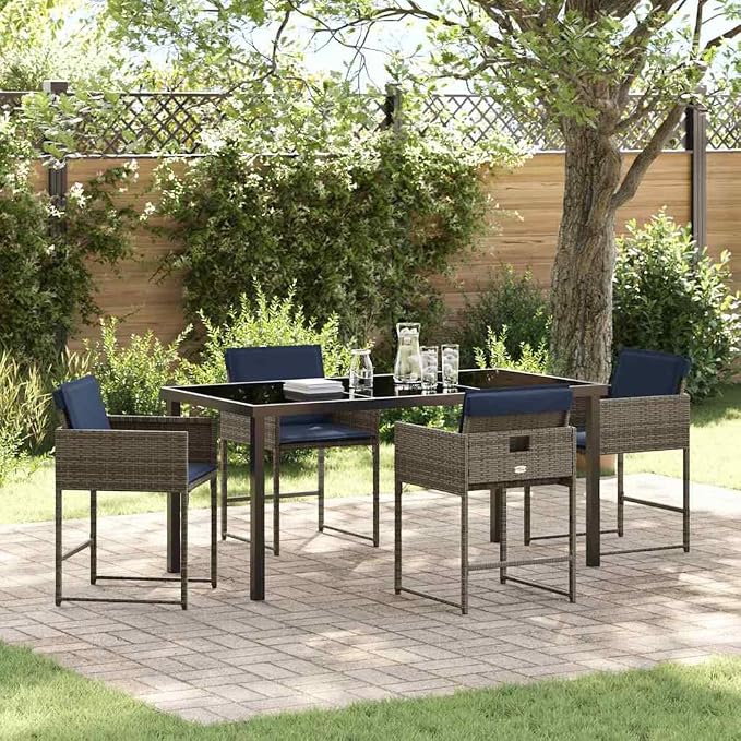 5 Piece Outdoor Garden Dining Set, Patio Furniture with Poly Rattan Chairs and Tempered Glass Table, Grey