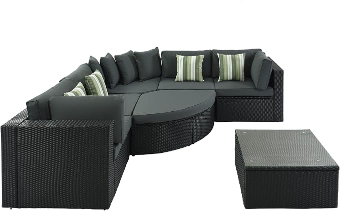 7 piece Outdoor Wicker Sofa Set, Outdoor Conversation Set for 6 People, All Weather Sectional Lounger Sofa with Coffee Table, Cushions & Pillows for Balcony Porch Backyard, Black+Gray