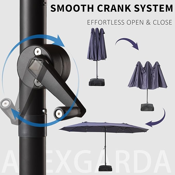 15FT Large Double Sided Patio Umbrella with Base, Aluminum Crank and Heavy Duty Carbon Steel Ribs Outdoor Umbrellas, Fade Resistant Rectangular Market Umbrella for Garden, Patio, Restaurant, Business, Deck, Backyard, Navy Blue