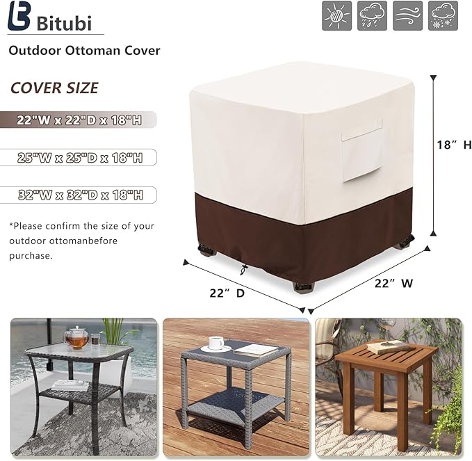 Bitubi Waterproof Patio Ottoman Cover, Heavy Duty Square Outdoor Side Table Furniture Covers Size 22L x 22W x 18H inch (Brown)