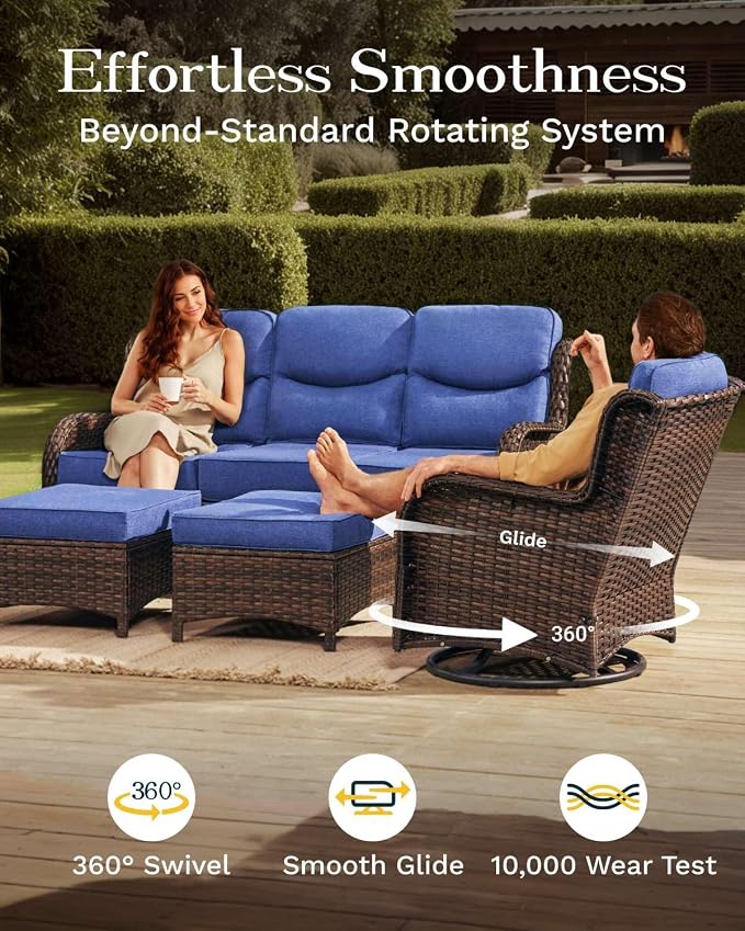 High Back Outdoor Furniture with Extra Thick Cushion Patio Swivel Rocking Chairs, Comfort 3-Seat Sofa, 8PCS Oversized Wicker Conversation Set for Porch, Deck, Yard in Blue