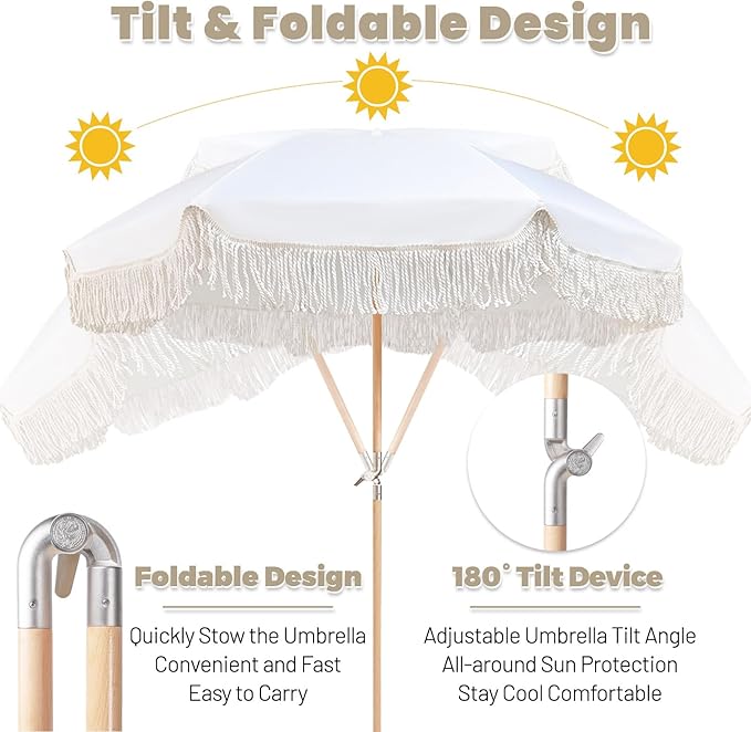 Lefedrasticity Boho Outdoor Umbrella with Tassels,6ft Table Umbrella Outdoor Patio with Knobs Tilt,Wind Resistant Portable Beach Umbrella UPF50+ Fringe Umbrellas For Pool Backyard Deck Garden