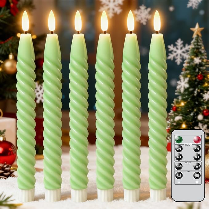 Flameless Taper Candles Real Wax Flickering with Remote Timer, Pastel Green 3D Wick LED Spiral Candles Battery Operated 6 Pack 9.8 inch, Wedding Birthday Home Party Holiday Dinner Decor
