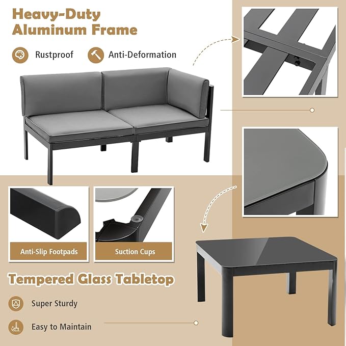 Tangkula 3 Piece Aluminum Patio Furniture Set, Patiojoy Outdoor Sectional Sofa Set with 6-Level Reclining Backrest, Tempered Glass Tabletop, Seat & Back Cushions for Backyard, Poolside (Grey)