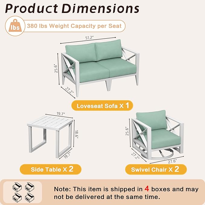 Outdoor 6-Piece Oversized Aluminum Patio Furniture Set with Swivel Rocking Chairs & Coffee Table, Weather-Resistant Deck Yard Poolside Seating-White