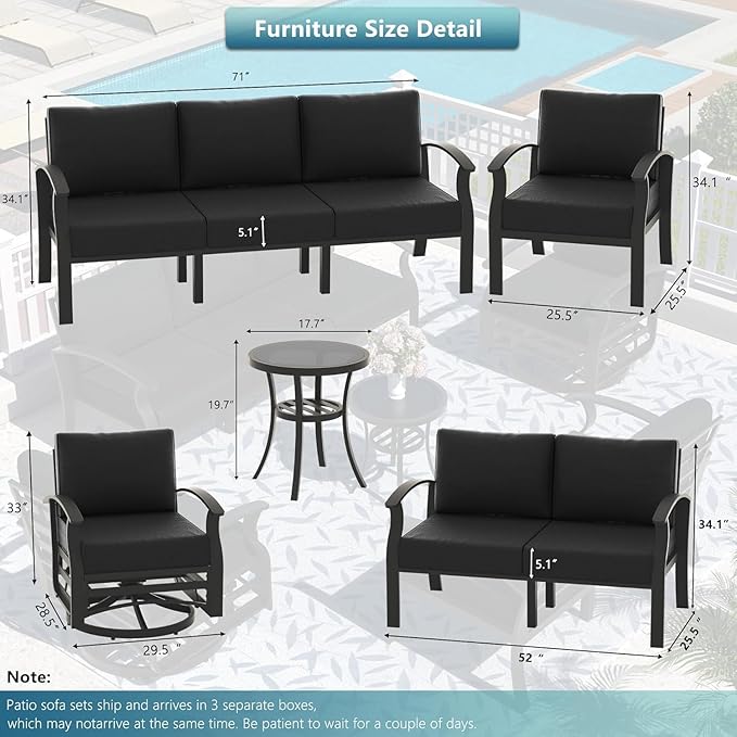 Aluminum Outdoor Patio Furniture Set,5 Pieces 5 Seats Metal Patio Sectional Furniture Set,Patio Conversation Sets with 45" Propane Fire Pit Table,Swivel Rocking Chairs Set,Black