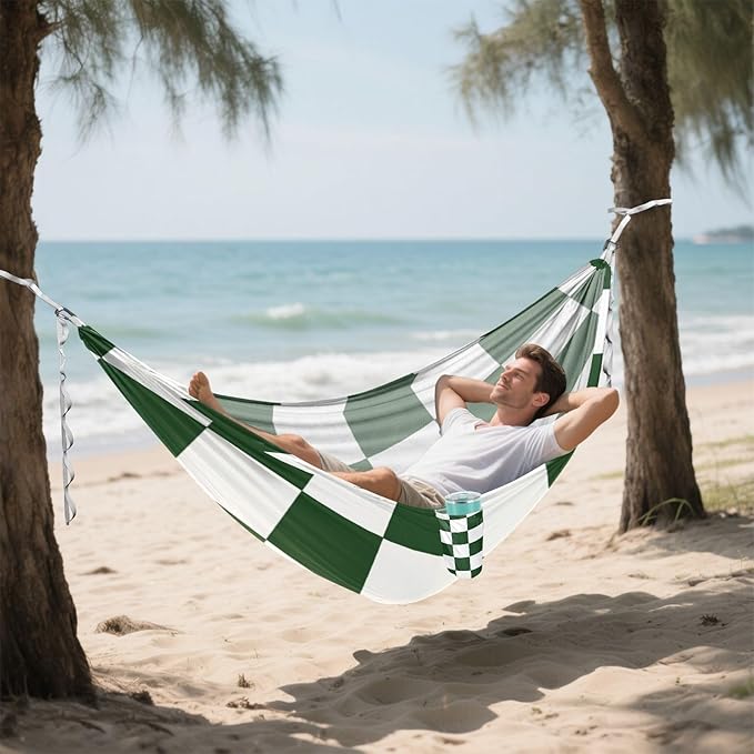 Green and White Checkered Pattern 330lb Capacity Outdoor Hammocks with Hanging Rope Cloth Hammock for Patio Backyard Lounge Base hamacas para adultos con soporte
