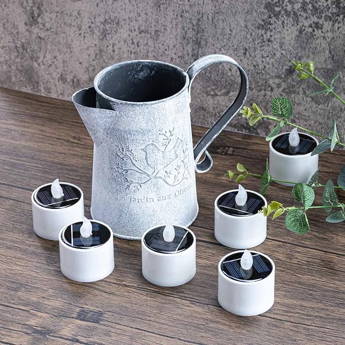 6 Pack Cool White Flickering Outdoor Waterproof Solar Powered Electric Candles, Solar LED Rechargeable Flameless Votive Candles, Flicker Battery Tea Lights Bulk for Outside Table Home Decor