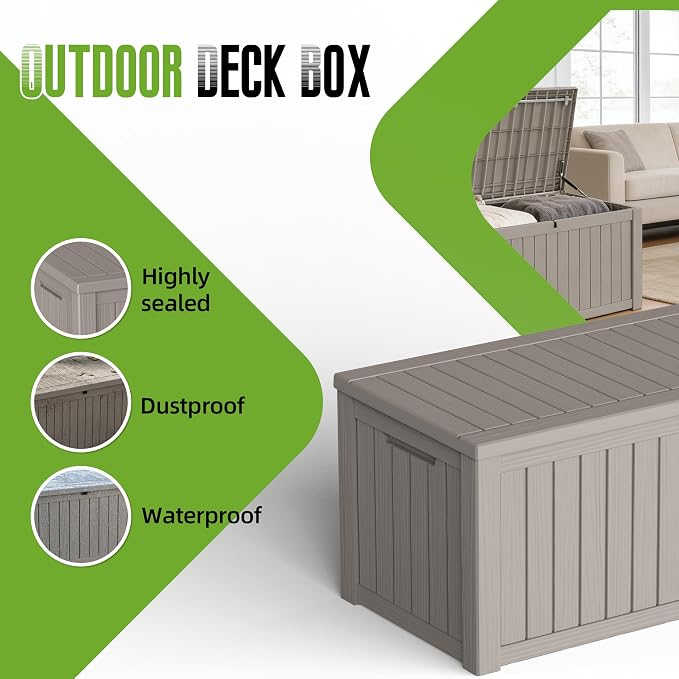 150 Gallon Outdoor Storage Deck Box Waterproof Resin Lockable Outside Bench Porch Patio Furniture Pool Float Garden Tool Cushion UV Resistant Bin Beige