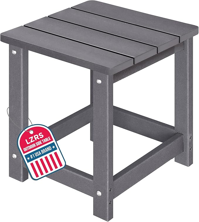 LZRS Patio End Table, Heavy Duty HDPE Outdoor Coffee Table with Wood Texture, Weatherproof Composite Table for Adirondack Chairs, Deck, Pool, Indoor/Outdoor, No Peeling or Cracking(Grey)