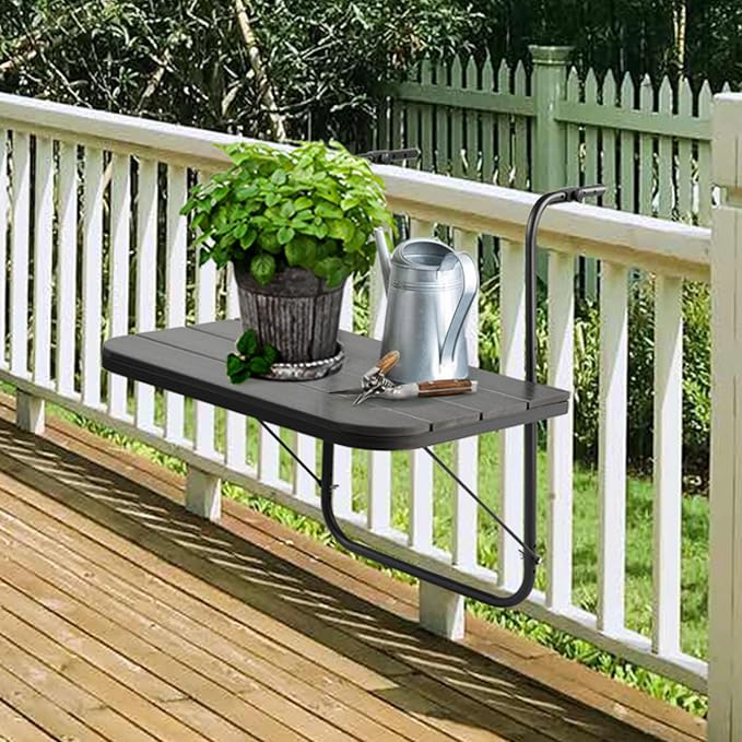 Balcony Table Hanging Deck Railing Table Outdoor Balcony Bar Tables for Railings Aluminium Folding Adjustable for Patio Deck Garden Baluster Windows 23.6" x 15.7", All Weather Space Saving Black