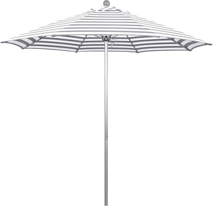California Umbrella 9' Round Contract Grade Patio Umbrella, Push Open, Silver Finish, Gray/White Olefin