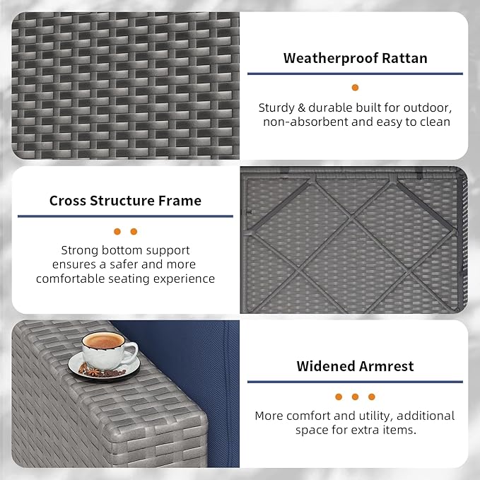 Oakcloud 8-Piece Outdoor Patio Furniture Sofa Set with 45” Propane Gas Fire Pit Table, Grey Rattan Wicker Sectional Conversation Sets with Glass Top Tables and Cushions(Dark Blue, w/Fire Pit Table)