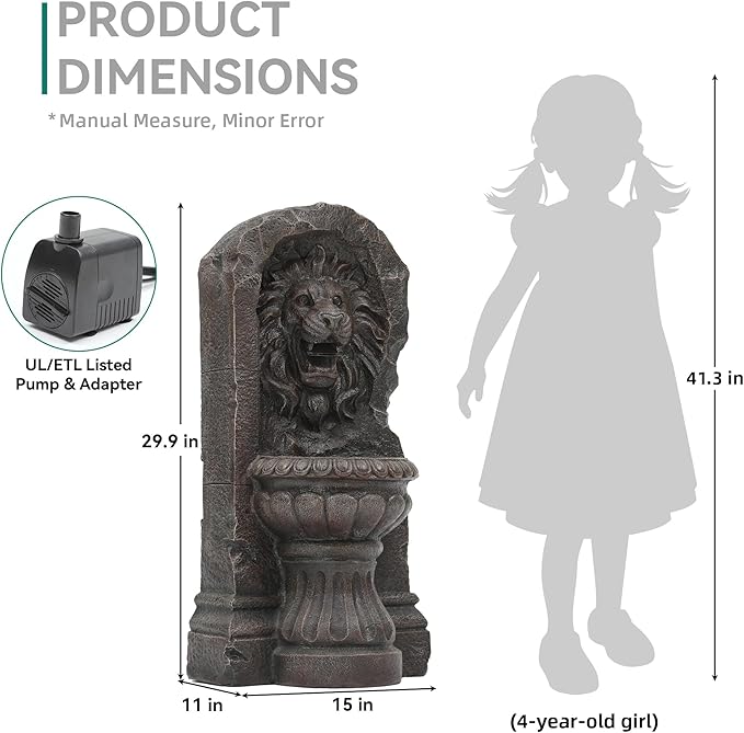 30" Majestic Lion Head Outdoor Water Fountain, Rustic Stone Pedestal Cascading Water Feature with Warm LED Lights, Tranquil Oasis for Outside Garden Patio Yard Decor