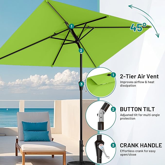AreShark 6.5'x10' 2 Tiers Rectangular Patio Umbrella - Outdoor Umbrella Waterproof UV Protection, Market Table Umbrella w/Push Button Tilt for Pool, Lawn, Balcony(Apple Green)