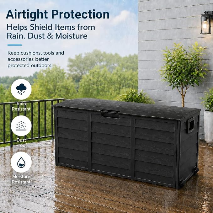 75 Gallon Resin Deck Box, Waterproof Outdoor Storage Box with Wheels, Lockable Lid and Handles, Large Deck Storage for Outdoor Gear, Patio Furniture Cushion, Gardening Tools, Jet Black