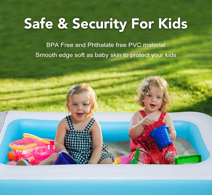 Inflatable Kiddie Pool, 61x42x18 Inch Rectangular Family Swimming Pool, 72 Gallon Capacity for Kids & Adults, Easy Set for Backyard Summer Fun”
