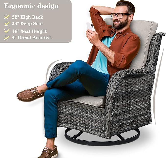 Belord Wicker Chairs 4 PC Outdoor Swivel Rocker Set, Patio Swivel Glider Chairs Set of 4, Grey Wicker Outdoor Furniture with Beige Cushions for Patio Porch Deck Sunroom