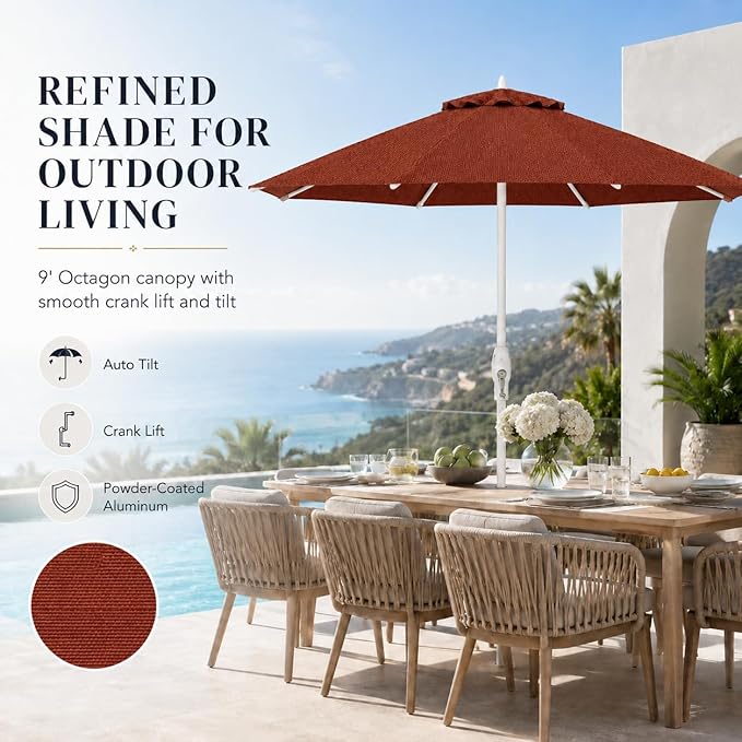 Treasure Garden 9ft Patio Umbrella - Outdoor Furniture Market Umbrella – Deluxe Auto-Tilt – White Aluminum Frame (Sunbrella, Henna)