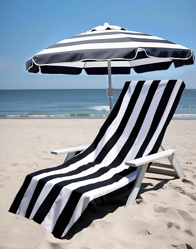 COTTON CRAFT Pool Lounge Chair Cover - 2 Pack - Chaise Spa Beach Chair Towel Cover - Cabana Stripe - Soft 100% Ringspun Terry Cotton - Oversized 32 inch Wide x 82 inch Long with 7 inch Pocket – Black