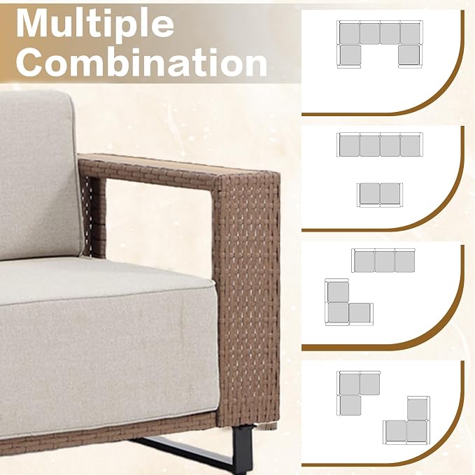 6 Pieces Outdoor Patio Furniture Set PE Rattan Weaving Sofa with 10 inch Thick Cushions and Steel Frame and Wooden Board Outdoor Conversation Set Beige Cushions for Porch Deck
