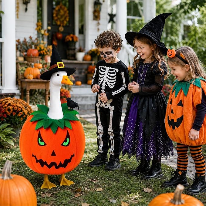 Celltestria Halloween Porch Goose Outfit Pumpkin Goose Clothes Fall Thanksgiving Crow Goose Costume for 23" Geese Autumn Holiday Outdoor Patio Yard Lawn Decoration