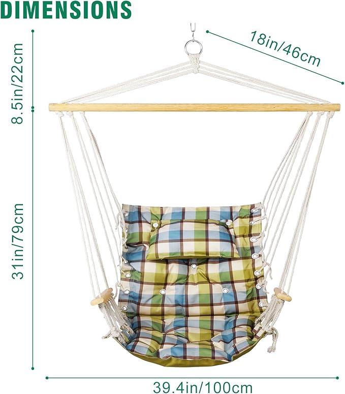 Backyard Expressions Extra Padded Reversible Hanging Rope Swing - Max 275 Lbs - Wooden Spreader Bar - for Any Indoor or Outdoor Spaces