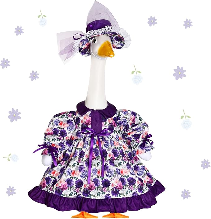 Spring Flower Goose Outfit Daisy Rose Floral Dress for 23'' Cement Plastic Goose Statue for Valentines Day Summer Outdoor Garden Yard Patio Lawn Decor (Purple Flower)