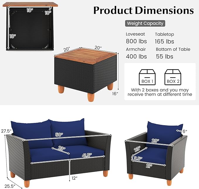 Tangkula 4 Piece Outdoor Conversation Set, Patio Cushioned Chairs w/Storage Coffee Table, Acacia Wood Tabletop & Chair Legs, Patio Wicker Furniture Set for Poolside, Lawn, Porch (1, Navy)
