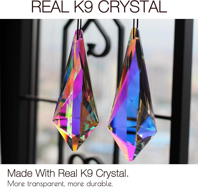 2PCS Cone Crystal Suncatcher Prisms for Windows (Lanky Cone) | AB Color, Transparent, K9 Glass, Rainbow Maker, with Hooks & Cord