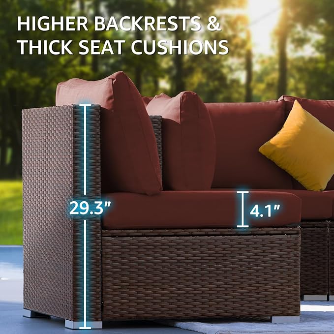 NICESOUL 15 Piece Outdoor Sectional with Fire Pit Table, Modern Luxury Patio Deep Seating w/Firepit, 29.3'' High-Back Wicker Couch Thick, Big High-Weight Capacity Sofa for Garden, Yard, Brown & Red