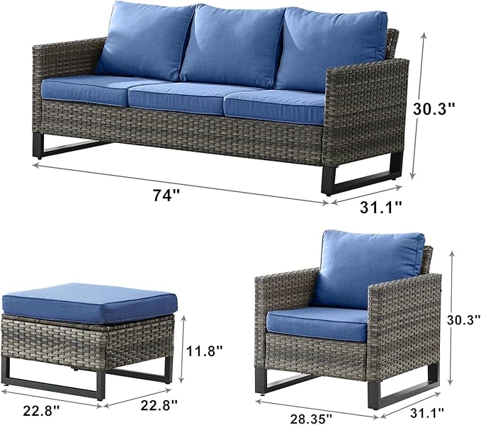 Rilyson Wicker Outdoor Patio Furniture Set - 5 Piece Patio Conversation Set with 2 Wicker Armrest Chairs,2 Rattan Ottoman and 1 Couch for Outside Porch Deck Backyard Garden(Mixed Grey/Blue)