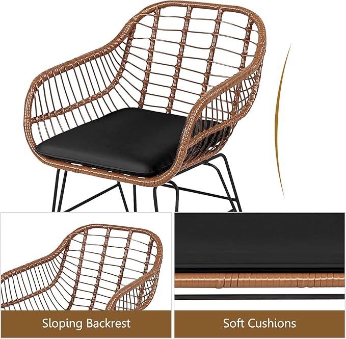 DORTALA 3 Piece Patio Bistro Set, Outdoor Wicker Furniture with Round Tempered Glass Top Table & 2 Rattan Armchairs, Cushions, Conversation Set for Porch, Backyard, Garden, Black