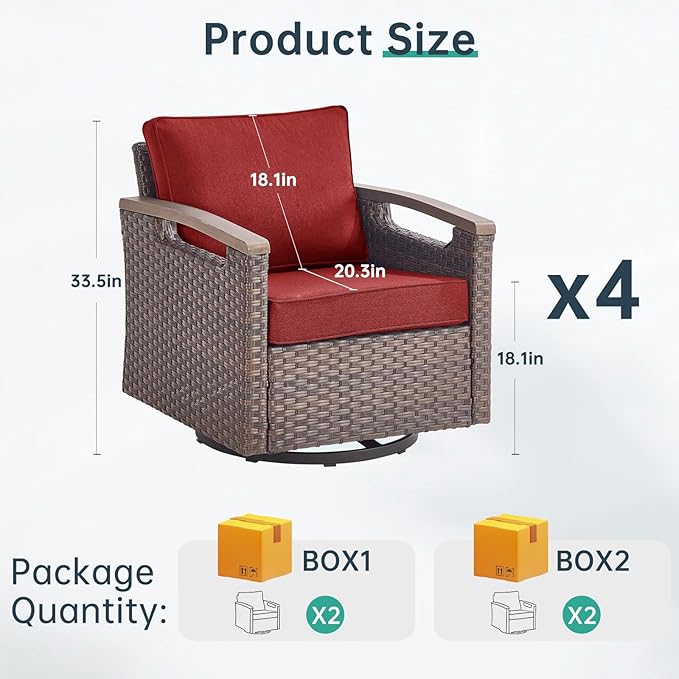 Luxury Outdoor Swivel Rocker Patio Chairs Set of 4 - Heavy Duty 4 Piece Patio Furniture Set All Weather Wicker Glider Set with Comfort Thick Cushion for Porch, Poolside and Deck - Red