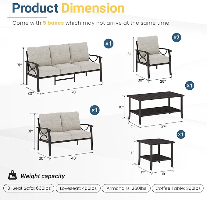 RoyalCraft 6-Pieces Outdoor Patio Furniture Set, Outdoor Metal Sectional Furniture with Cushions, Outdoor Conversation Seating Set with Coffee Table for Balcony, Backyard, Garden, Deck, Beige