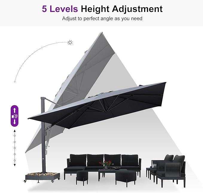 PURPLE LEAF 13 FT Square Patio Umbrella with Base Included Large Cantilever Outdoor Aluminum Offset Umbrella with 360-degree Rotation for Garden Deck Backyard Pool Grey