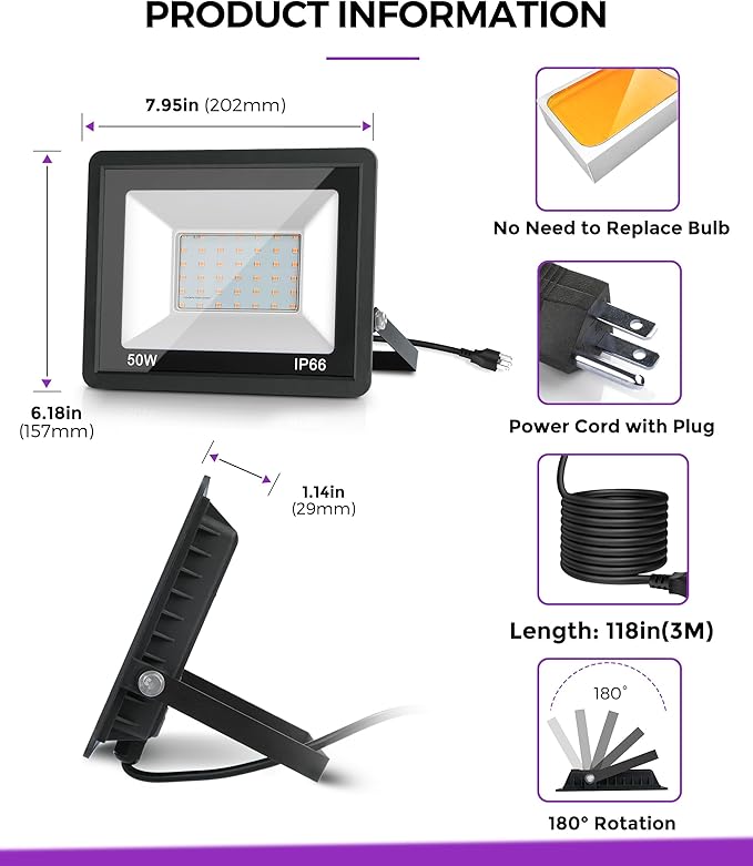 L LOHAS LED Purple Christmas Halloween Flood Light Outdoor, 𝑨𝒖𝒕𝒐 𝑶𝑵/𝑶𝑭𝑭 50W Plug in Flood Light, IP66 Waterproof 2300lm Outdoor Lights for Yard, Garage, Party, UL Listed